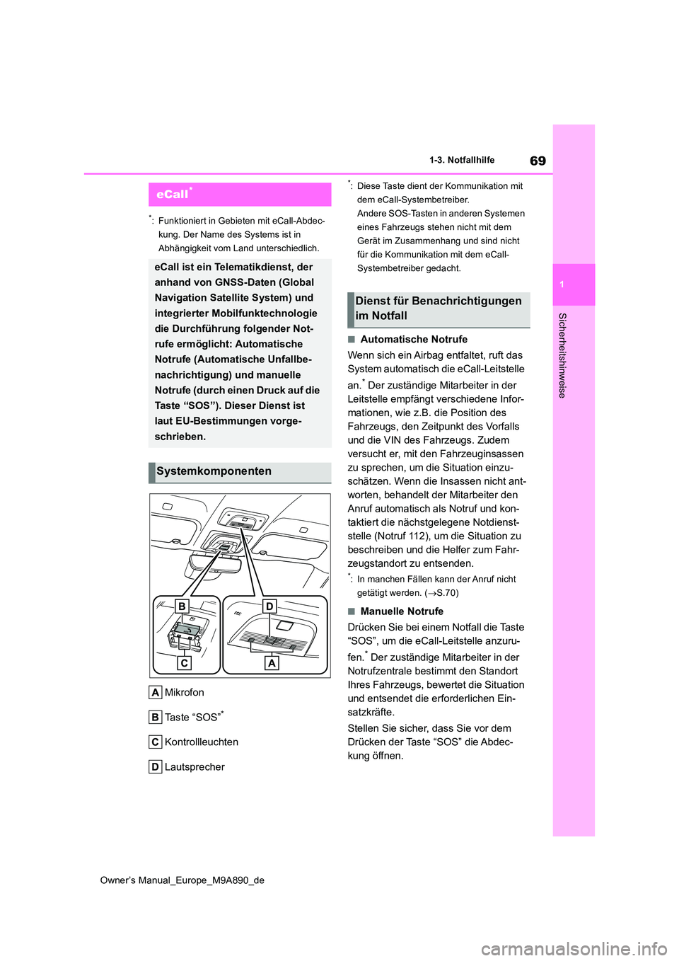 TOYOTA BZ4X 2023  Betriebsanleitungen (in German) 69
1
Owner’s Manual_Europe_M9A890_de
1-3. Notfallhilfe
Sicherheitshinweise
1-3.Notfallhilfe
*: Funktioniert in Gebieten mit eCall-Abdec- 
kung. Der Name des Systems ist in 
Abhängigkeit vom Land un