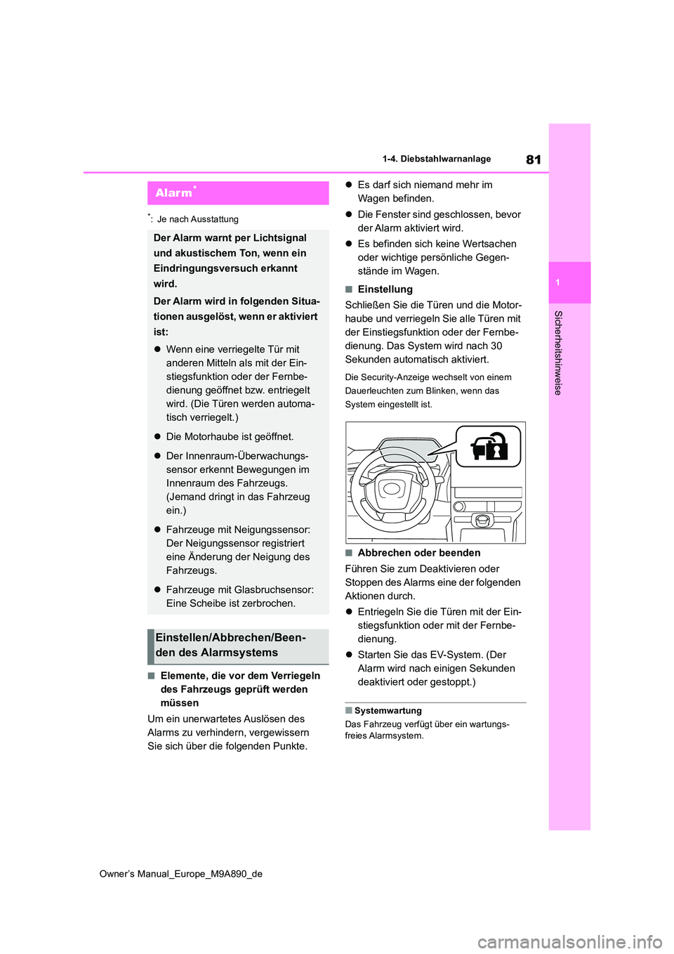 TOYOTA BZ4X 2023  Betriebsanleitungen (in German) 81
1
Owner’s Manual_Europe_M9A890_de
1-4. Diebstahlwarnanlage
Sicherheitshinweise
*: Je nach Ausstattung
■Elemente, die vor dem Verriegeln  
des Fahrzeugs geprüft werden 
müssen 
Um ein unerwart