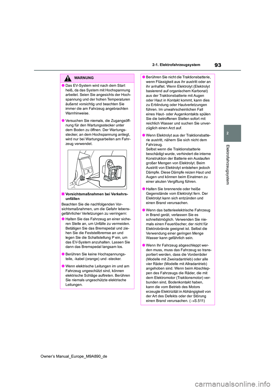 TOYOTA BZ4X 2023  Betriebsanleitungen (in German) 93
2
Owner’s Manual_Europe_M9A890_de
2-1. Elektrofahrzeugsystem
Elektrofahrzeugsystem
WARNUNG
●Das EV-System wird nach dem Start  
heiß, da das System mit Hochspannung  arbeitet. Seien Sie angesi