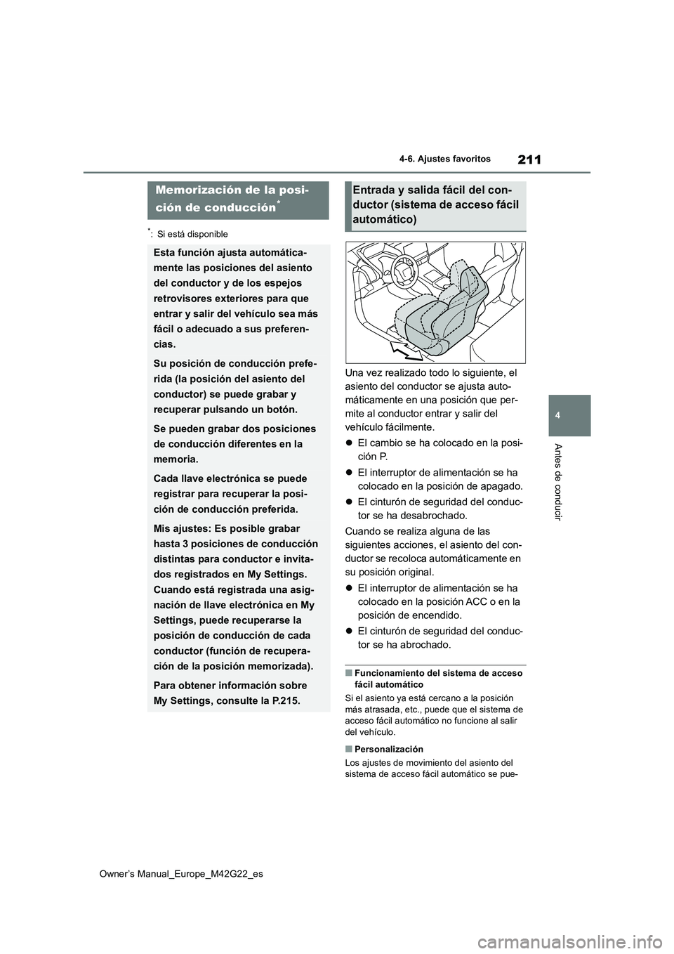 TOYOTA BZ4X 2023  Manual del propietario (in Spanish) 211
4
Owner’s Manual_Europe_M42G22_es
4-6. Ajustes favoritos
Antes de conducir
4-6.Aju ste s fav oritos
*: Si está disponible
Una vez realizado todo lo siguiente, el  
asiento del conductor se ajus
