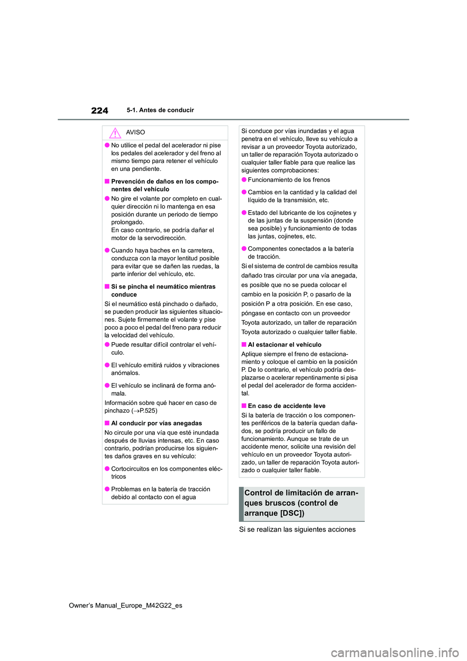 TOYOTA BZ4X 2023  Manual del propietario (in Spanish) 224
Owner’s Manual_Europe_M42G22_es
5-1. Antes de conducir
Si se realizan las siguientes acciones 
AV I S O
●No utilice el pedal del acelerador ni pise  
los pedales del acelerador y del freno al 