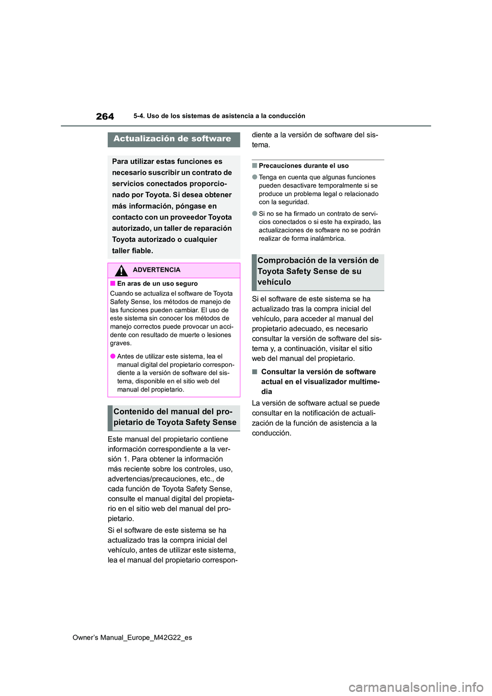TOYOTA BZ4X 2023  Manual del propietario (in Spanish) 264
Owner’s Manual_Europe_M42G22_es
5-4. Uso de los sistemas de asistencia a la conducción
5-4.Uso de los siste ma s de asistencia a la  c onduc ció n
Este manual del propietario contiene  
inform