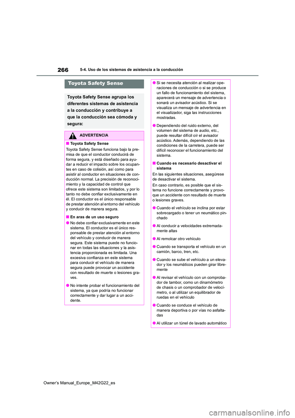 TOYOTA BZ4X 2023  Manual del propietario (in Spanish) 266
Owner’s Manual_Europe_M42G22_es
5-4. Uso de los sistemas de asistencia a la conducción
Toyota Safety Sense
Toyota Safety Sense agrupa los  
diferentes sistemas de asistencia  
a la conducción 