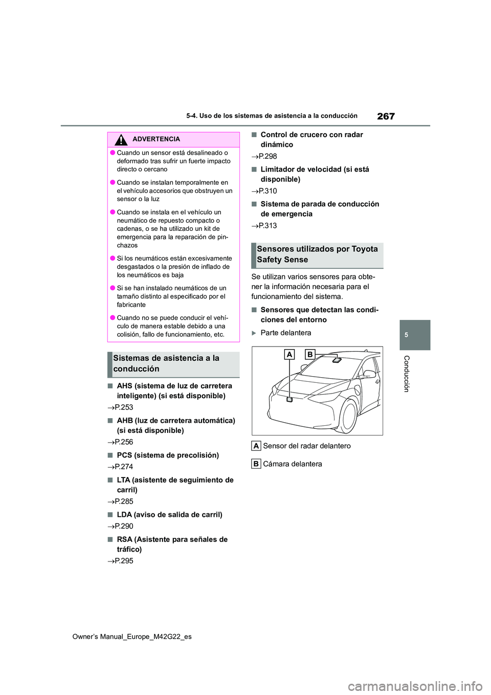 TOYOTA BZ4X 2023  Manual del propietario (in Spanish) 267
5
Owner’s Manual_Europe_M42G22_es
5-4. Uso de los sistemas de asistencia a la conducción
Conducción
■AHS (sistema de luz de carretera  
inteligente) (si está disponible) 
 P. 2 5 3
■AH