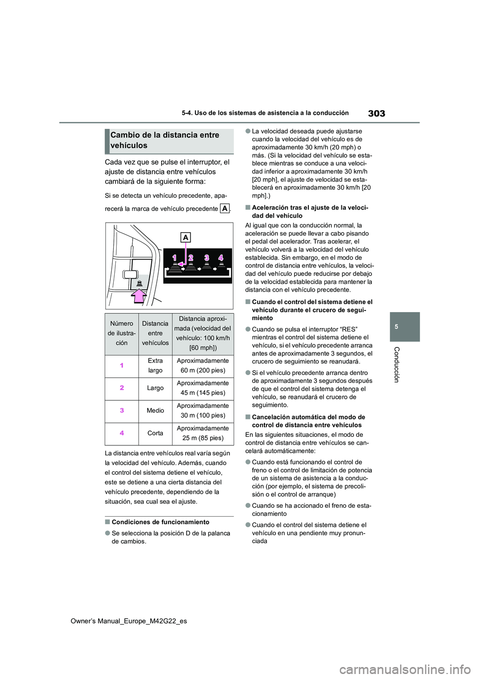TOYOTA BZ4X 2023  Manual del propietario (in Spanish) 303
5
Owner’s Manual_Europe_M42G22_es
5-4. Uso de los sistemas de asistencia a la conducción
Conducción
Cada vez que se pulse el interruptor, el  
ajuste de distancia entre vehículos 
cambiará d