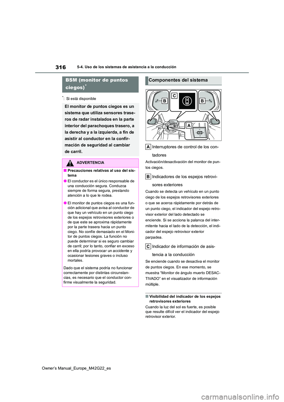 TOYOTA BZ4X 2023  Manual del propietario (in Spanish) 316
Owner’s Manual_Europe_M42G22_es
5-4. Uso de los sistemas de asistencia a la conducción
*: Si está disponible
Interruptores de control de los con- 
tadores
Activación/desactivación del monito