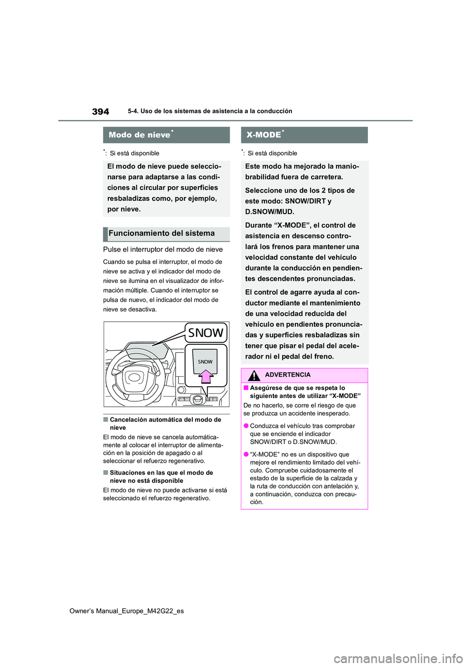 TOYOTA BZ4X 2023  Manual del propietario (in Spanish) 394
Owner’s Manual_Europe_M42G22_es
5-4. Uso de los sistemas de asistencia a la conducción
*: Si está disponible
Pulse el interruptor del modo de nieve
Cuando se pulsa el interruptor, el modo de  