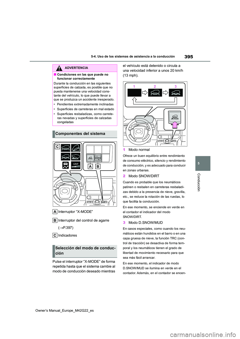 TOYOTA BZ4X 2023  Manual del propietario (in Spanish) 395
5
Owner’s Manual_Europe_M42G22_es
5-4. Uso de los sistemas de asistencia a la conducción
Conducción
Interruptor “X-MODE” 
Interruptor del control de agarre  
( P.397) 
Indicadores 
Puls