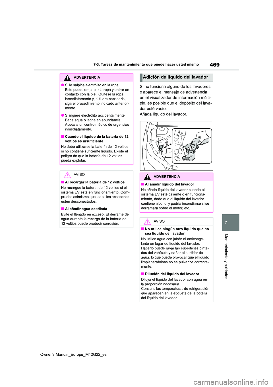 TOYOTA BZ4X 2023  Manual del propietario (in Spanish) 469
7
Owner’s Manual_Europe_M42G22_es
7-3. Tareas de mantenimiento que puede hacer usted mismo
Mantenimiento y cuidados
Si no funciona alguno de los lavadores  
o aparece el mensaje de advertencia 
