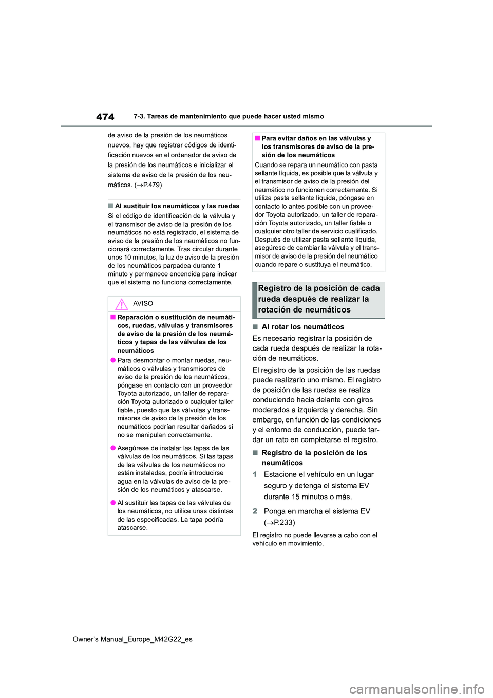 TOYOTA BZ4X 2023  Manual del propietario (in Spanish) 474
Owner’s Manual_Europe_M42G22_es
7-3. Tareas de mantenimiento que puede hacer usted mismo 
de aviso de la presión de los neumáticos  
nuevos, hay que registrar códigos de identi-
ficación nue