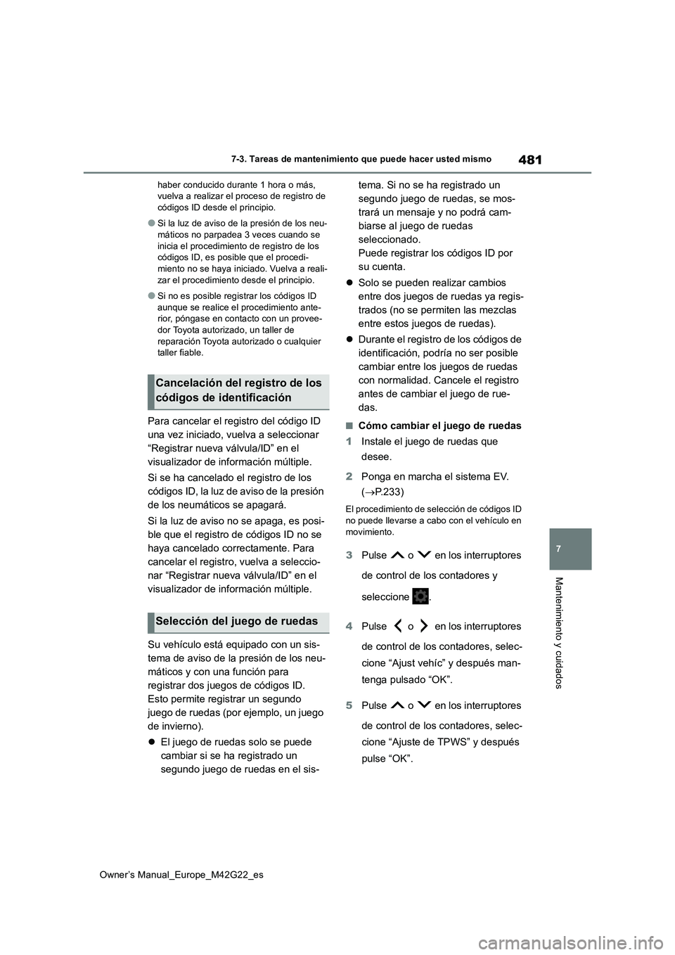 TOYOTA BZ4X 2023  Manual del propietario (in Spanish) 481
7
Owner’s Manual_Europe_M42G22_es
7-3. Tareas de mantenimiento que puede hacer usted mismo
Mantenimiento y cuidados
haber conducido durante 1 hora o más,  vuelva a realizar el proceso de regist