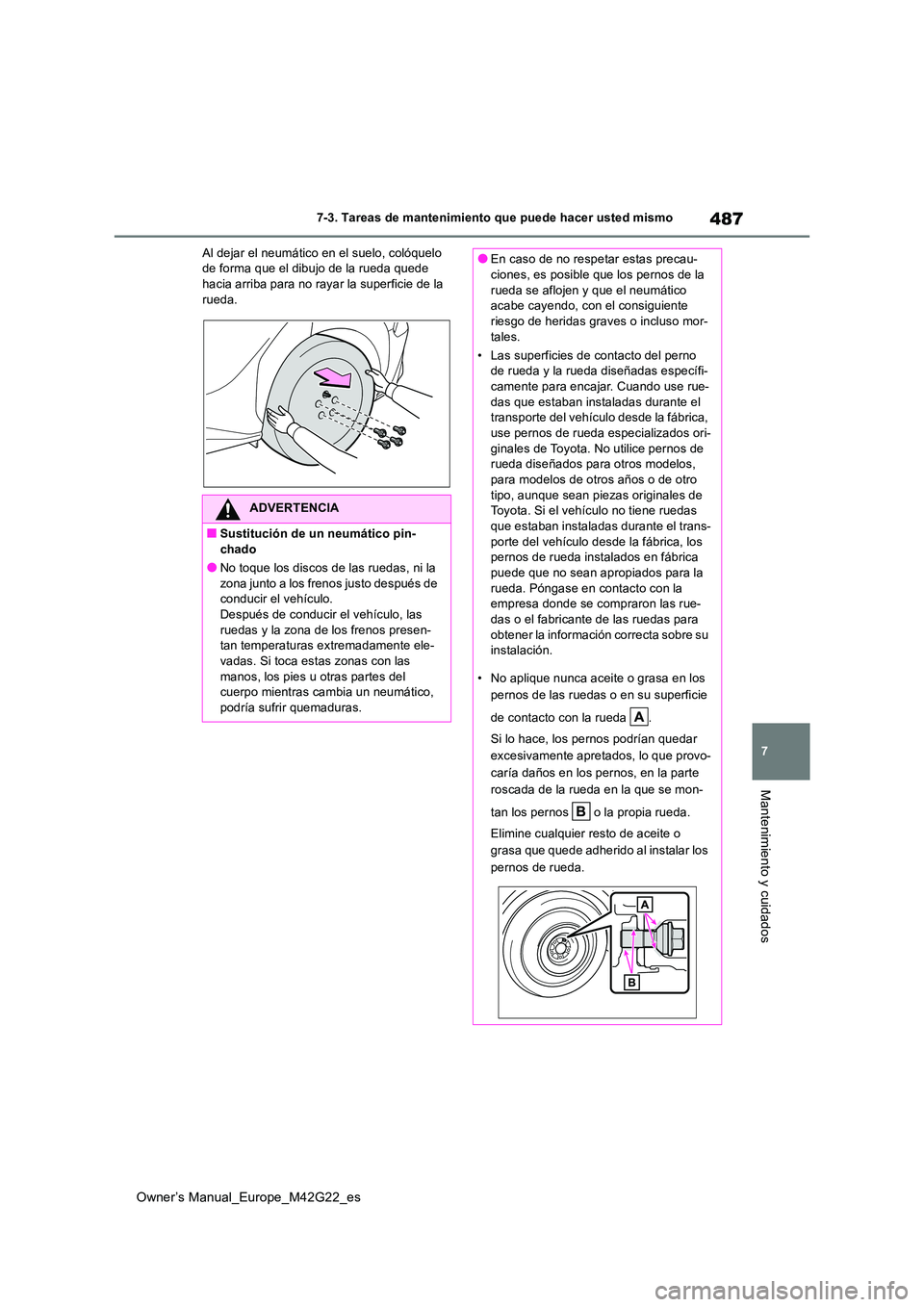 TOYOTA BZ4X 2023  Manual del propietario (in Spanish) 487
7
Owner’s Manual_Europe_M42G22_es
7-3. Tareas de mantenimiento que puede hacer usted mismo
Mantenimiento y cuidados
Al dejar el neumático en el suelo, colóquelo  de forma que el dibujo de la r