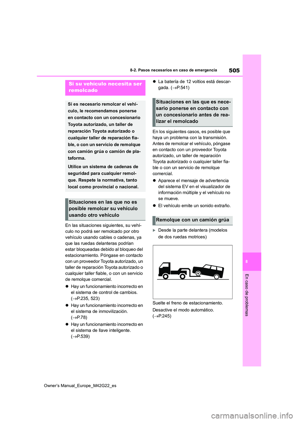 TOYOTA BZ4X 2023  Manual del propietario (in Spanish) 505
8
Owner’s Manual_Europe_M42G22_es
8-2. Pasos necesarios en caso de emergencia
En caso de problemas
8-2.Paso s neces arios  en  c aso de emergenc ia
En las situaciones siguientes, su vehí- 
culo