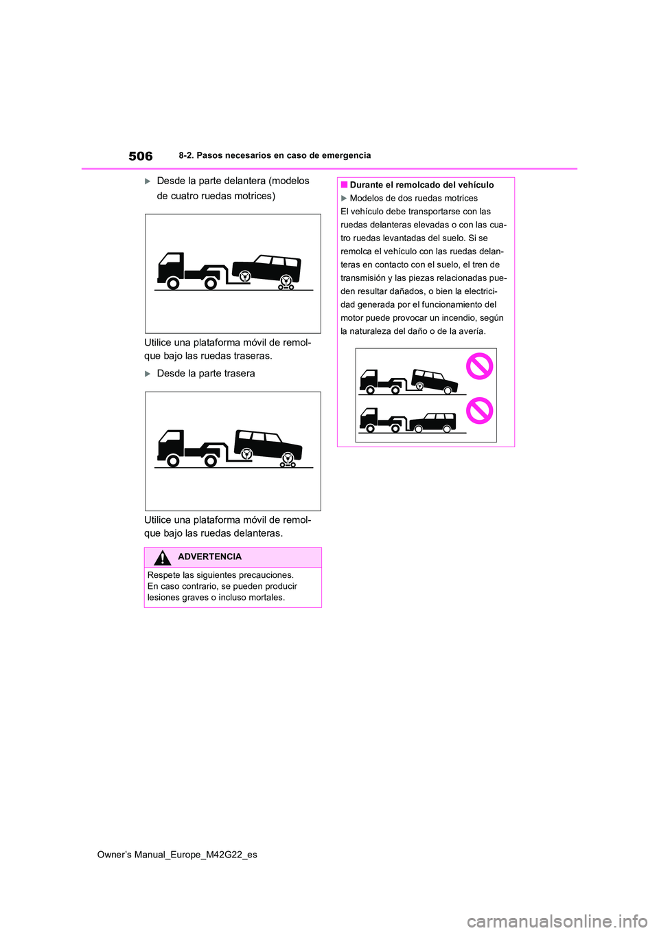 TOYOTA BZ4X 2023  Manual del propietario (in Spanish) 506
Owner’s Manual_Europe_M42G22_es
8-2. Pasos necesarios en caso de emergencia
Desde la parte delantera (modelos  
de cuatro ruedas motrices) 
Utilice una plataforma móvil de remol- 
que bajo l