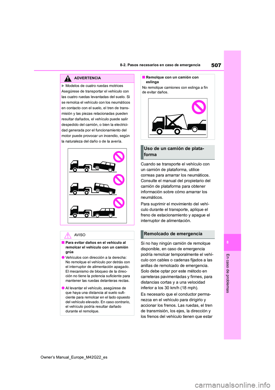 TOYOTA BZ4X 2023  Manual del propietario (in Spanish) 507
8
Owner’s Manual_Europe_M42G22_es
8-2. Pasos necesarios en caso de emergencia
En caso de problemas
Cuando se transporte el vehículo con  
un camión de plataforma, utilice 
correas para amarrar