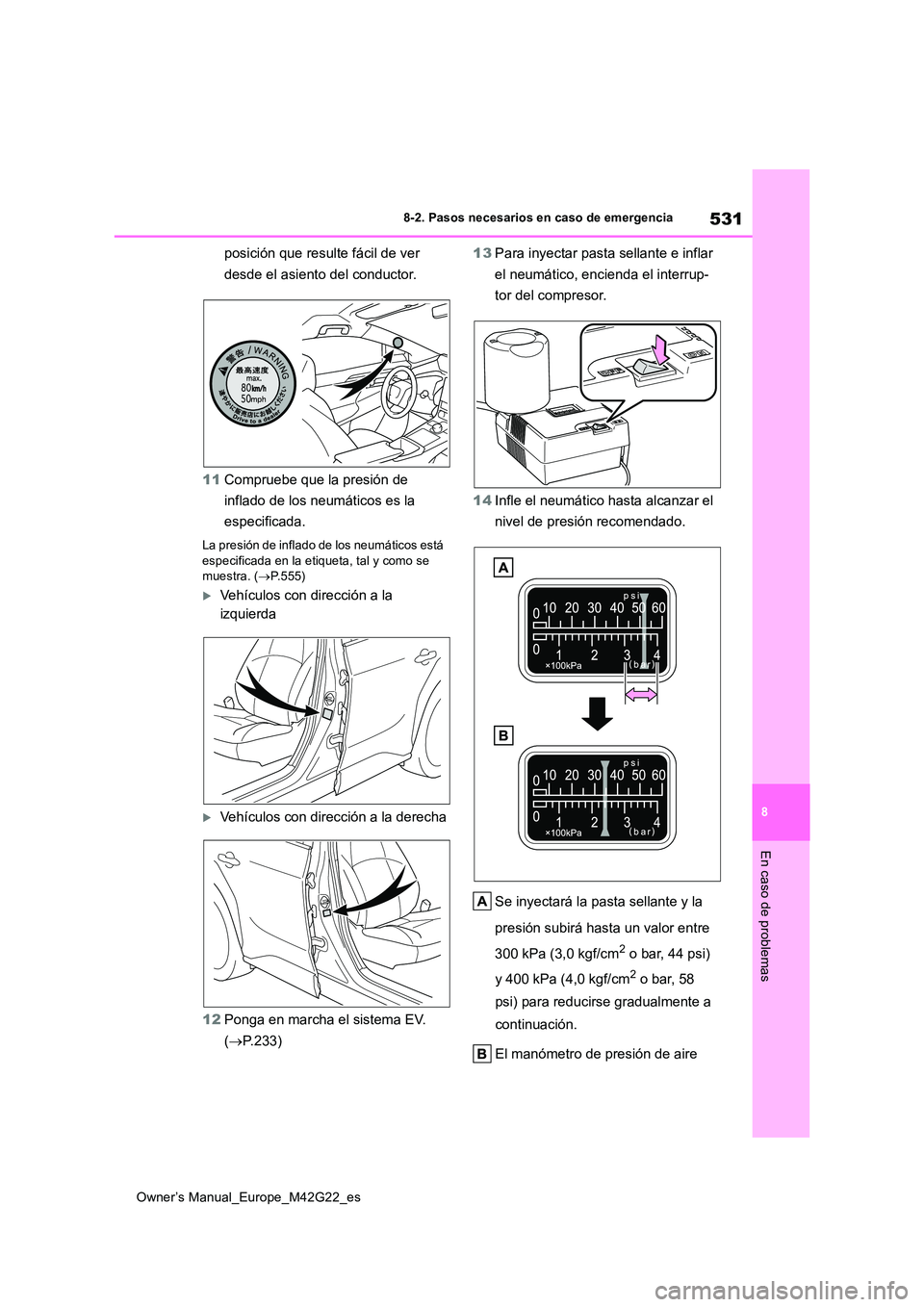 TOYOTA BZ4X 2023  Manual del propietario (in Spanish) 531
8
Owner’s Manual_Europe_M42G22_es
8-2. Pasos necesarios en caso de emergencia
En caso de problemas
posición que resulte fácil de ver  
desde el asiento del conductor. 
11 Compruebe que la pres