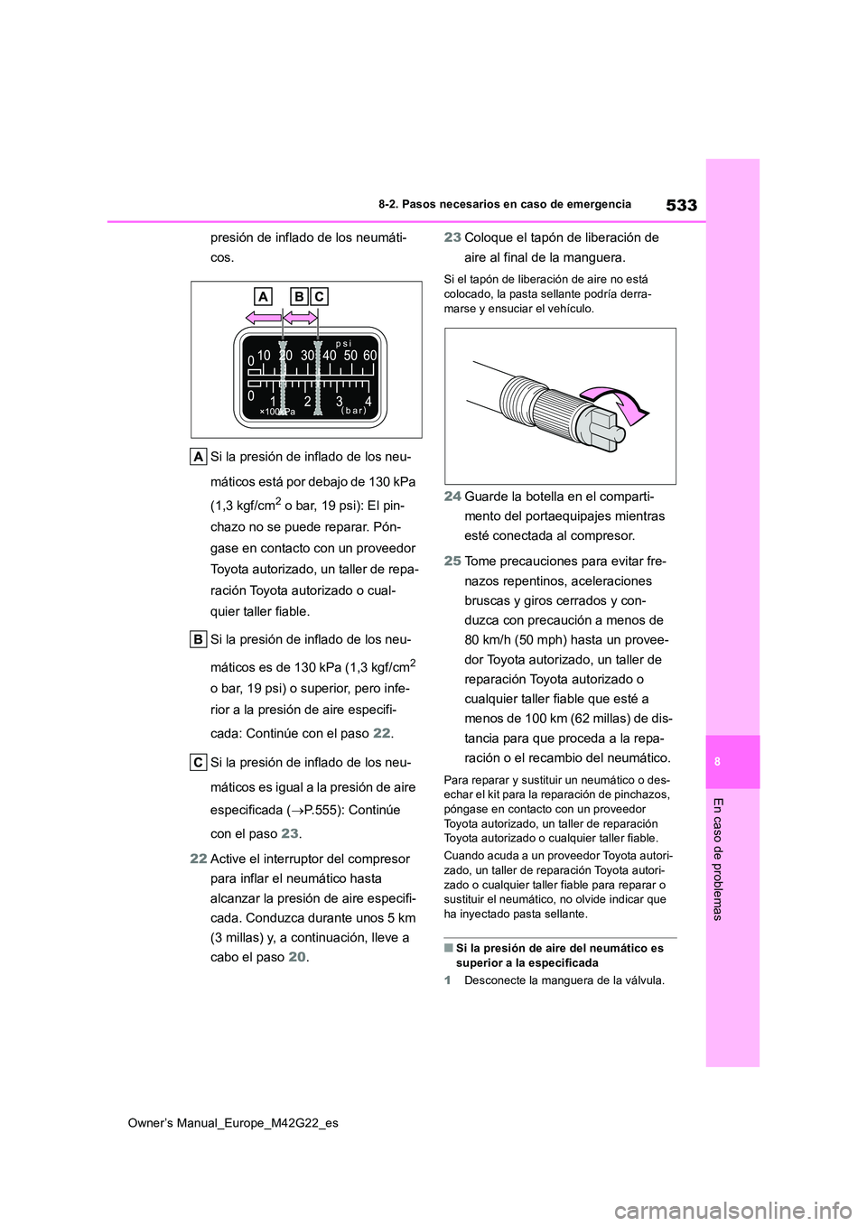 TOYOTA BZ4X 2023  Manual del propietario (in Spanish) 533
8
Owner’s Manual_Europe_M42G22_es
8-2. Pasos necesarios en caso de emergencia
En caso de problemas
presión de inflado de los neumáti- 
cos. 
Si la presión de inflado de los neu- 
máticos est