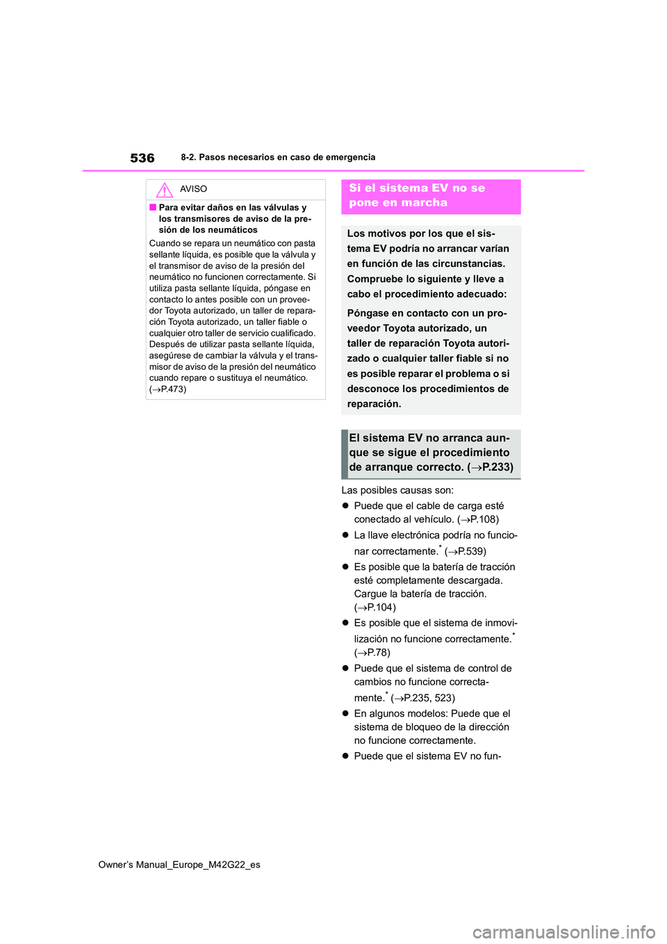 TOYOTA BZ4X 2023  Manual del propietario (in Spanish) 536
Owner’s Manual_Europe_M42G22_es
8-2. Pasos necesarios en caso de emergencia
Las posibles causas son: 
 Puede que el cable de carga esté  
conectado al vehículo. ( P.108) 
 La llave el