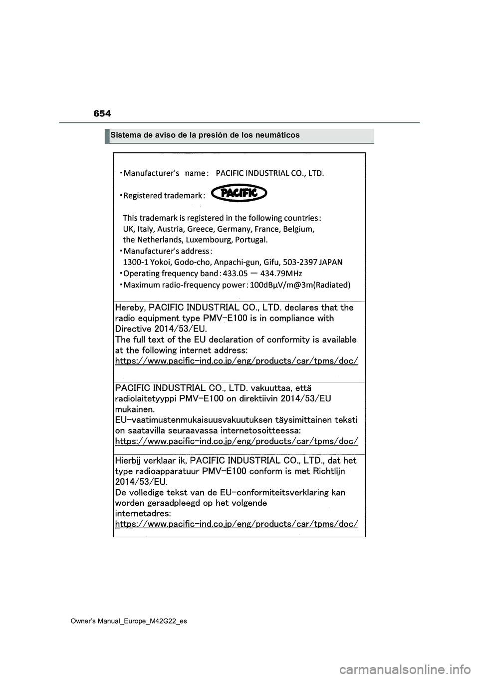 TOYOTA BZ4X 2023  Manual del propietario (in Spanish) 654
Owner’s Manual_Europe_M42G22_es
Sistema de aviso de la presión de los neumáticos 