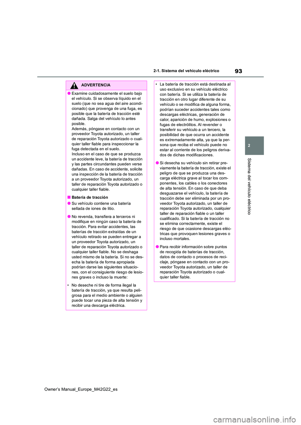 TOYOTA BZ4X 2023 Manual del propietario (in Spanish) 93
2
Owner’s Manual_Europe_M42G22_es
2-1. Sistema del vehículo eléctrico
Sistema del vehículo eléctrico
ADVERTENCIA
●Examine cuidadosamente el suelo bajo
el vehículo. Si se observa líquido TOYOTA BZ4X 2023 Manual del propietario (in Spanish) 93
2
Owner’s Manual_Europe_M42G22_es
2-1. Sistema del vehículo eléctrico
Sistema del vehículo eléctrico
ADVERTENCIA
●Examine cuidadosamente el suelo bajo
el vehículo. Si se observa líquido