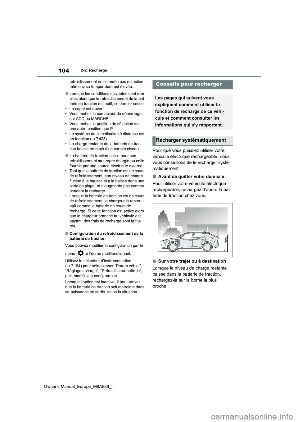 TOYOTA BZ4X 2023  Manuel du propriétaire (in French) 104
Owner’s Manual_Europe_M9A889_fr
2-2. Recharge 
refroidissement ne se mette pas en action,  même si sa température est élevée.
●Lorsque les conditions suivantes sont rem-plies alors que le 