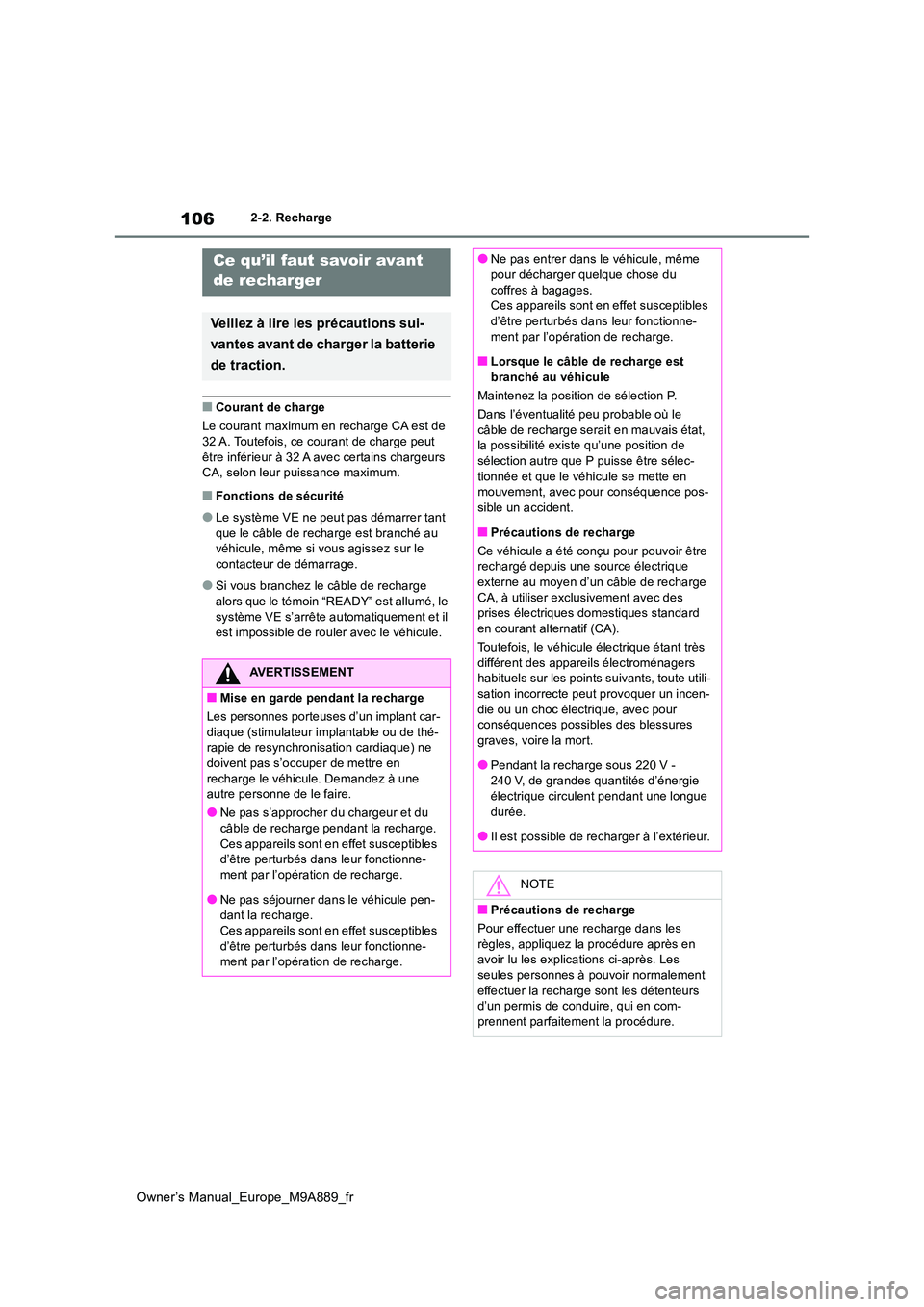 TOYOTA BZ4X 2023  Manuel du propriétaire (in French) 106
Owner’s Manual_Europe_M9A889_fr
2-2. Recharge
■Courant de charge 
Le courant maximum en  recharge CA est de  32 A. Toutefois, ce courant de charge peut  
être inférieur à 32 A  avec certain