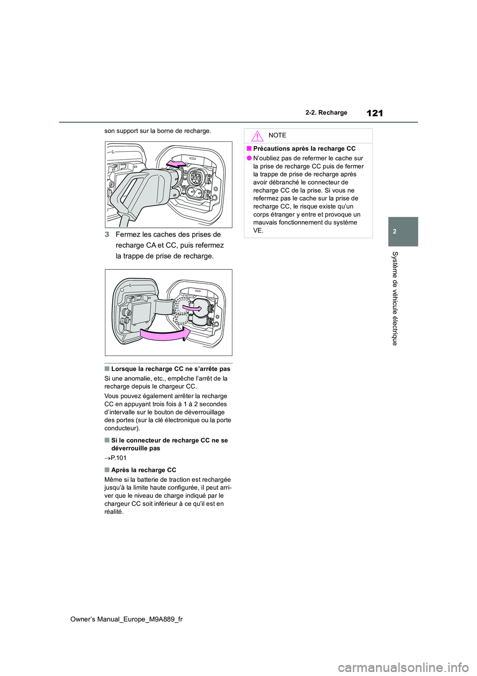 TOYOTA BZ4X 2023  Manuel du propriétaire (in French) 121
2
Owner’s Manual_Europe_M9A889_fr
2-2. Recharge
Système de véhicule électrique
son support sur la borne de recharge.
3Fermez les caches des prises de  
recharge CA et CC, puis refermez  
la t