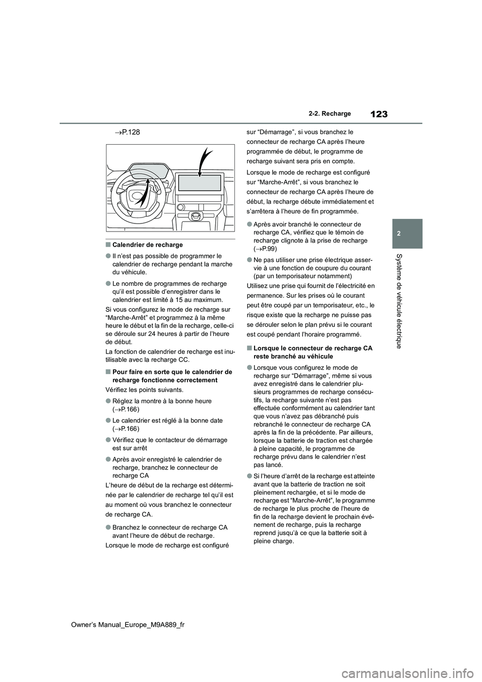 TOYOTA BZ4X 2023  Manuel du propriétaire (in French) 123
2
Owner’s Manual_Europe_M9A889_fr
2-2. Recharge
Système de véhicule électrique
P. 1 2 8
■Calendrier de recharge
●Il n’est pas possible de programmer le  calendrier de recharge pendan
