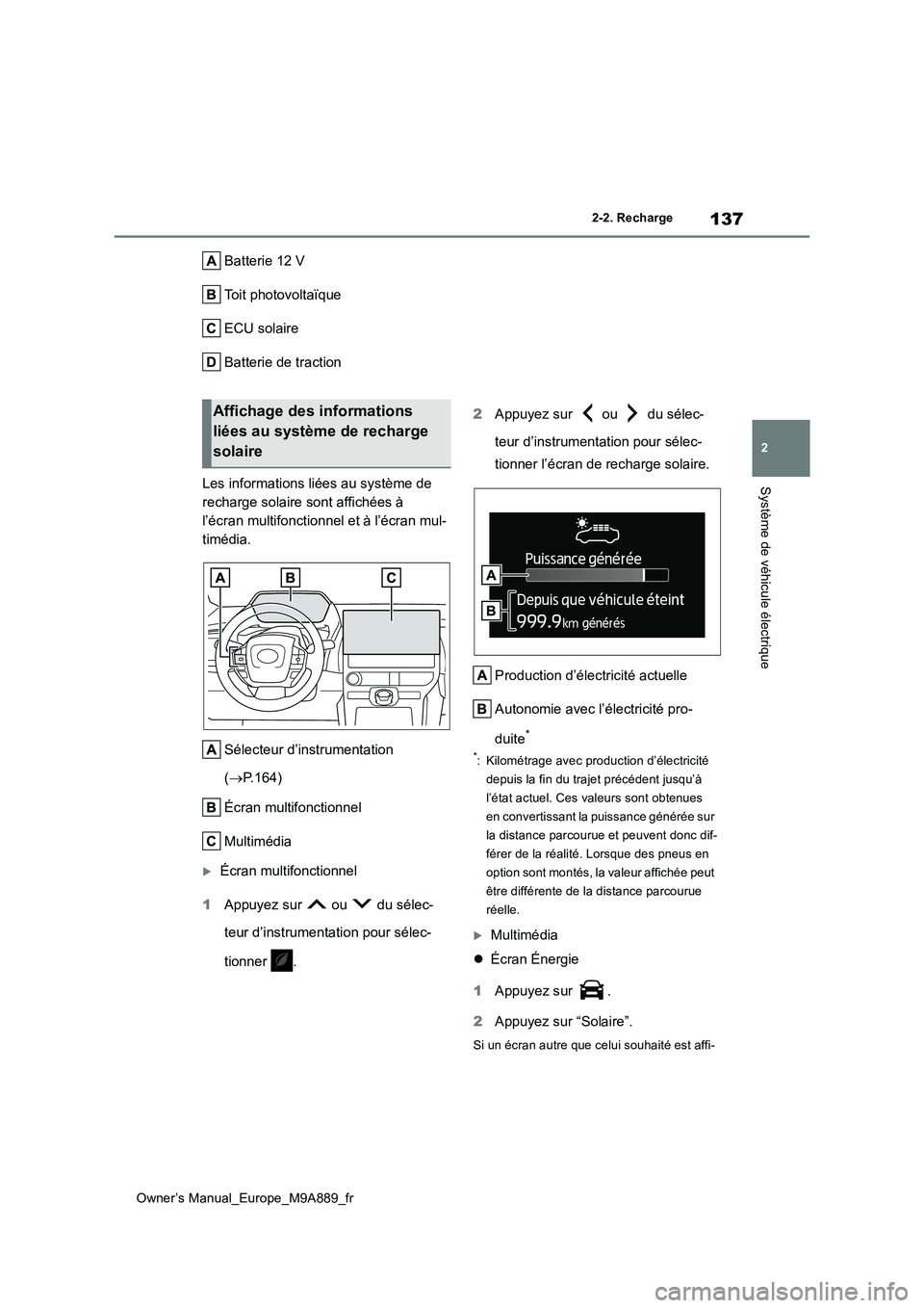 TOYOTA BZ4X 2023  Manuel du propriétaire (in French) 137
2
Owner’s Manual_Europe_M9A889_fr
2-2. Recharge
Système de véhicule électrique
Batterie 12 V 
Toit photovoltaïque
ECU solaire
Batterie de traction 
Les informations liées au système de  
r