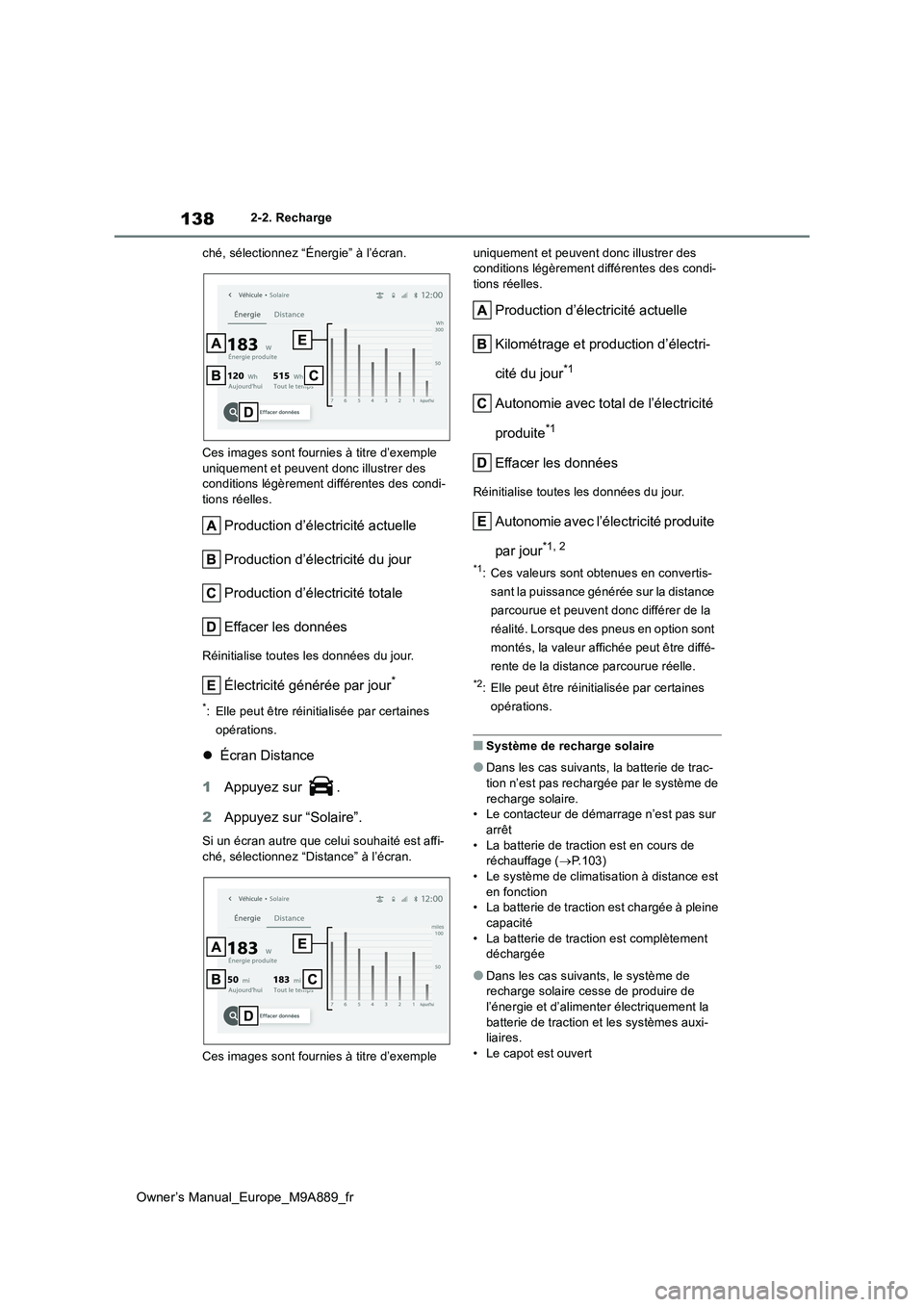 TOYOTA BZ4X 2023  Manuel du propriétaire (in French) 138
Owner’s Manual_Europe_M9A889_fr
2-2. Recharge 
ché, sélectionnez “Énergie” à l’écran. 
Ces images sont fournies à titre d’exemple  
uniquement et peuvent donc illustrer des  condit