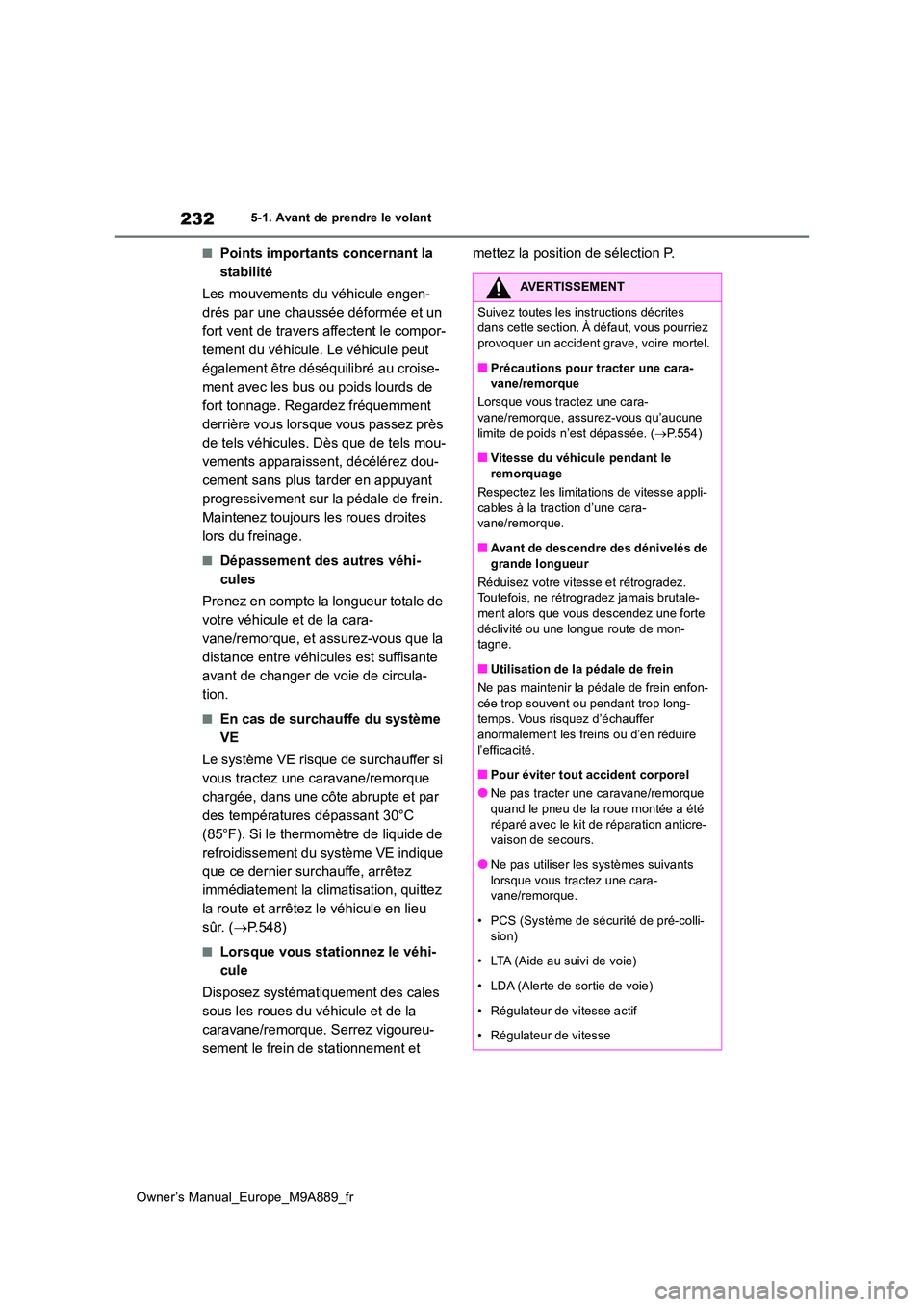 TOYOTA BZ4X 2023  Manuel du propriétaire (in French) 232
Owner’s Manual_Europe_M9A889_fr
5-1. Avant de prendre le volant
■Points importants concernant la  
stabilité 
Les mouvements du véhicule engen- 
drés par une chaussée déformée et un 
for