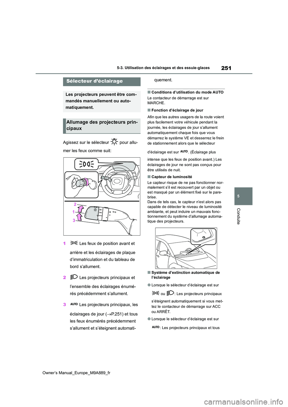 TOYOTA BZ4X 2023  Manuel du propriétaire (in French) 251
5
Owner’s Manual_Europe_M9A889_fr
5-3. Utilisation des éclairages et des essuie-glaces
Conduite
5-3.Utilisation des éclairages et des essuie-glaces
Agissez sur le sélecteur   pour allu- 
mer 