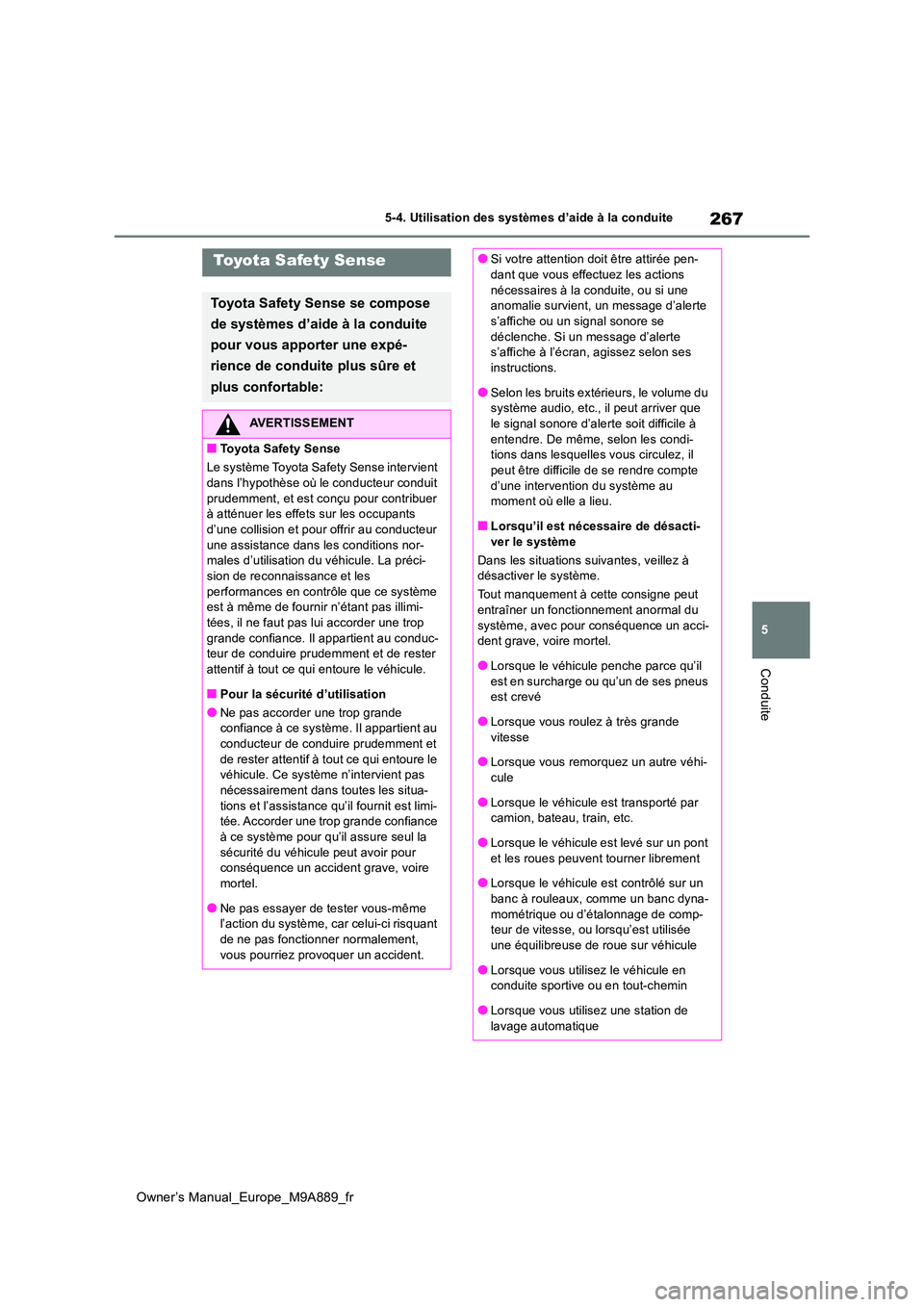 TOYOTA BZ4X 2023  Manuel du propriétaire (in French) 267
5
Owner’s Manual_Europe_M9A889_fr
5-4. Utilisation des systèmes d’aide à la conduite
Conduite
Toyota Safety Sense
Toyota Safety Sense se compose  
de systèmes d’aide à la conduite  
pour