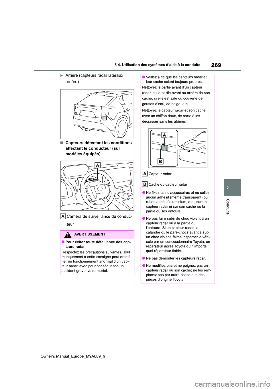 TOYOTA BZ4X 2023  Manuel du propriétaire (in French) 269
5
Owner’s Manual_Europe_M9A889_fr
5-4. Utilisation des systèmes d’aide à la conduite
Conduite
Arrière (capteurs radar latéraux  
arrière)
■Capteurs détectant les conditions  
affect