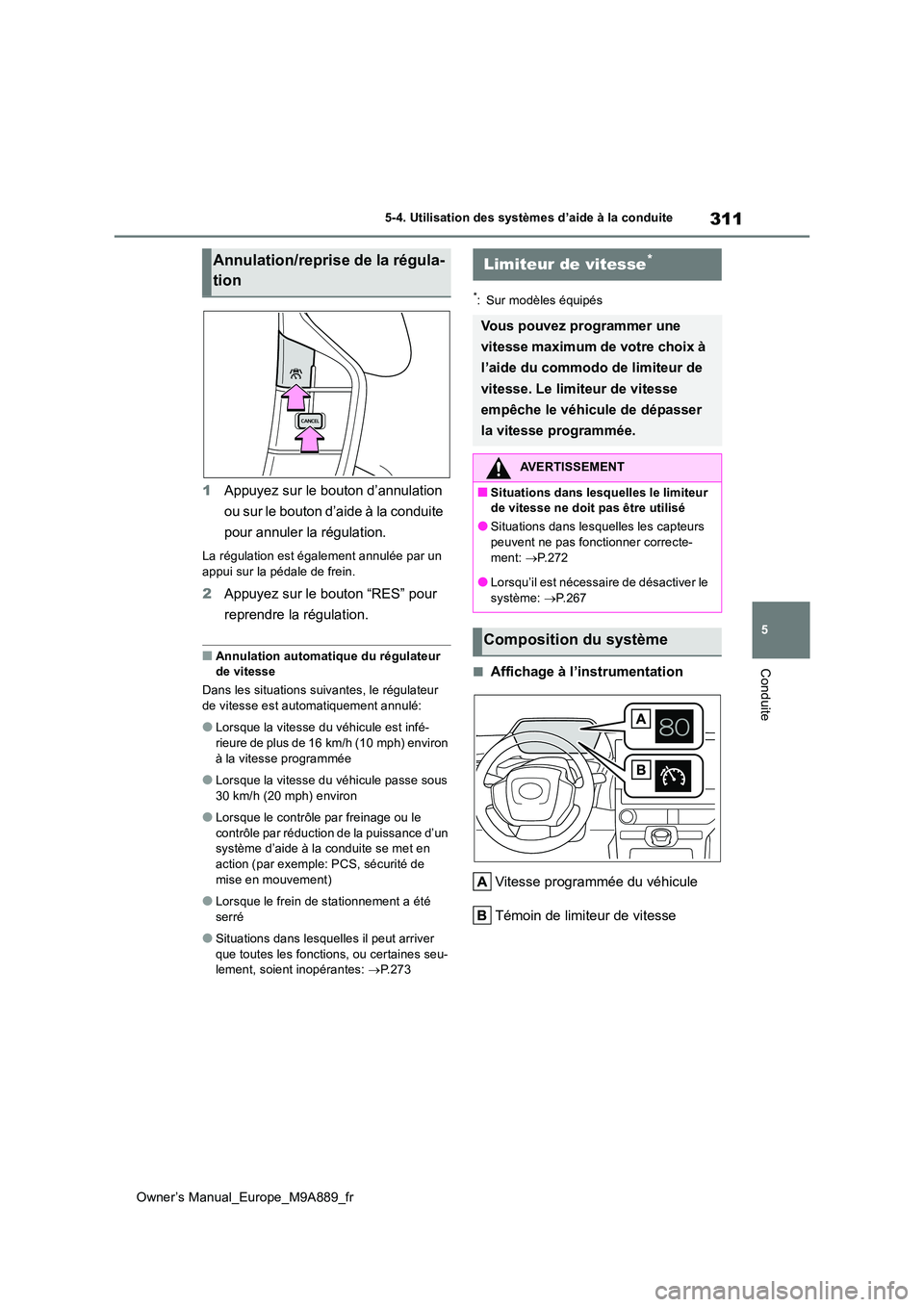 TOYOTA BZ4X 2023 Manuel du propriétaire (in French) 311
5
Owner’s Manual_Europe_M9A889_fr
5-4. Utilisation des systèmes d’aide à la conduite
Conduite
1Appuyez sur le bouton d’annulation
ou sur le bouton d’aide à la conduite
pour annuler TOYOTA BZ4X 2023 Manuel du propriétaire (in French) 311
5
Owner’s Manual_Europe_M9A889_fr
5-4. Utilisation des systèmes d’aide à la conduite
Conduite
1Appuyez sur le bouton d’annulation
ou sur le bouton d’aide à la conduite
pour annuler