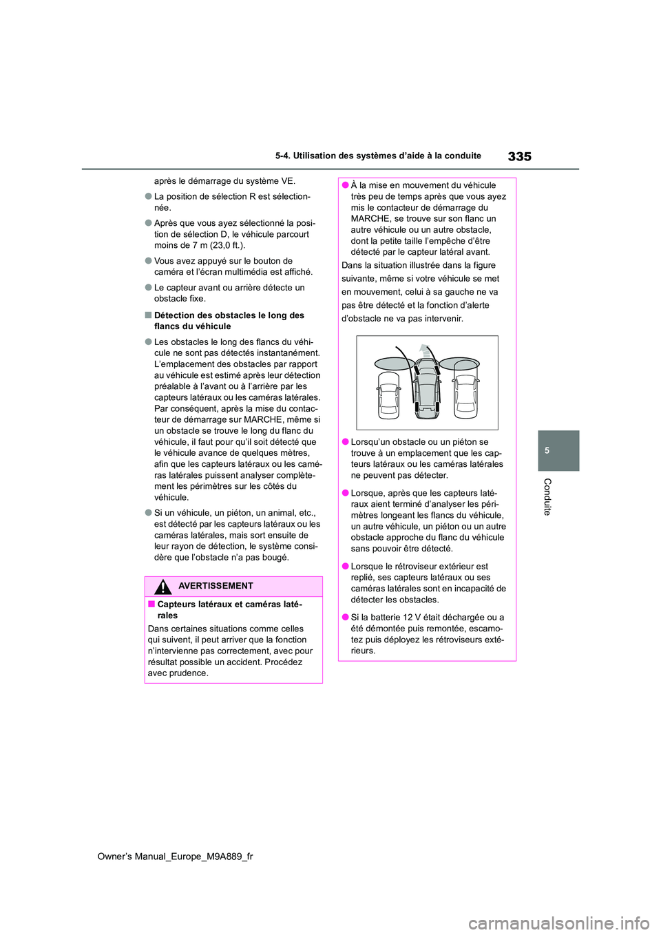 TOYOTA BZ4X 2023  Manuel du propriétaire (in French) 335
5
Owner’s Manual_Europe_M9A889_fr
5-4. Utilisation des systèmes d’aide à la conduite
Conduite
après le démarrage du système VE.
●La position de sélection R est sélection- 
née.
●Ap