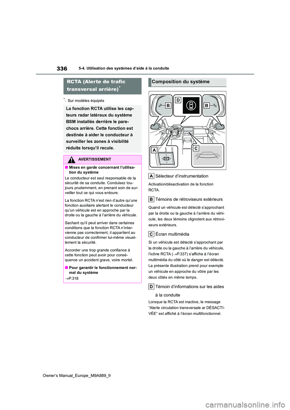 TOYOTA BZ4X 2023  Manuel du propriétaire (in French) 336
Owner’s Manual_Europe_M9A889_fr
5-4. Utilisation des systèmes d’aide à la conduite
*: Sur modèles équipés
Sélecteur d’instrumentation
Activation/désactivation de la fonction  
RCTA.
T