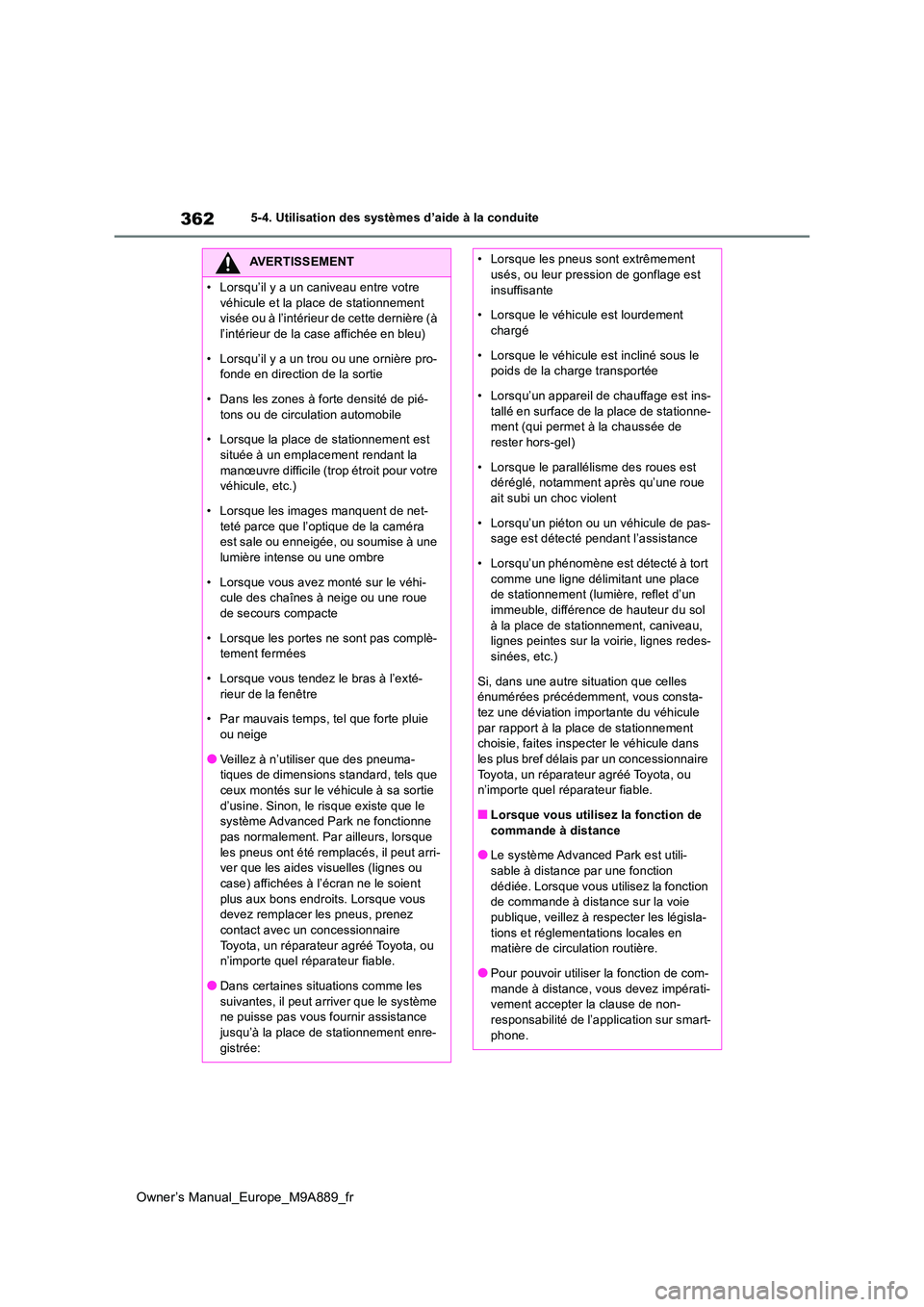 TOYOTA BZ4X 2023  Manuel du propriétaire (in French) 362
Owner’s Manual_Europe_M9A889_fr
5-4. Utilisation des systèmes d’aide à la conduite
AVERTISSEMENT
• Lorsqu’il y a un caniveau entre votre  
véhicule et la place de stationnement  visée 