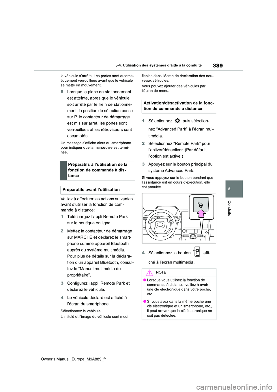 TOYOTA BZ4X 2023 Manuel du propriétaire (in French) 389
5
Owner’s Manual_Europe_M9A889_fr
5-4. Utilisation des systèmes d’aide à la conduite
Conduite
le véhicule s’arrête. Les portes sont automa- tiquement verrouillées avant que le véhicule TOYOTA BZ4X 2023 Manuel du propriétaire (in French) 389
5
Owner’s Manual_Europe_M9A889_fr
5-4. Utilisation des systèmes d’aide à la conduite
Conduite
le véhicule s’arrête. Les portes sont automa- tiquement verrouillées avant que le véhicule