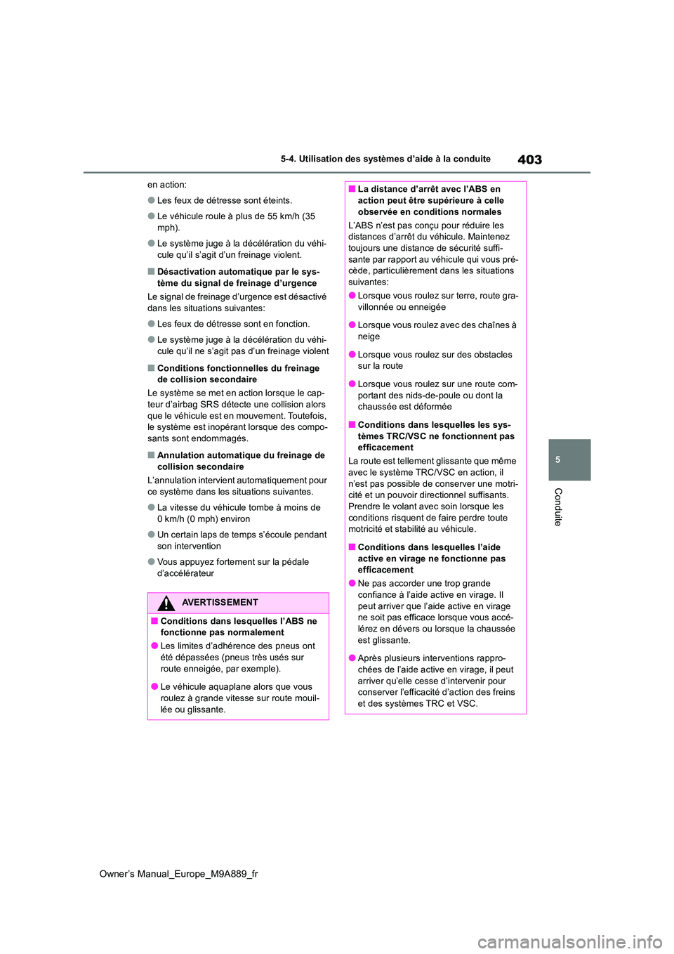 TOYOTA BZ4X 2023  Manuel du propriétaire (in French) 403
5
Owner’s Manual_Europe_M9A889_fr
5-4. Utilisation des systèmes d’aide à la conduite
Conduite
en action:
●Les feux de détresse sont éteints.
●Le véhicule roule à plus de 55 km/h (35 