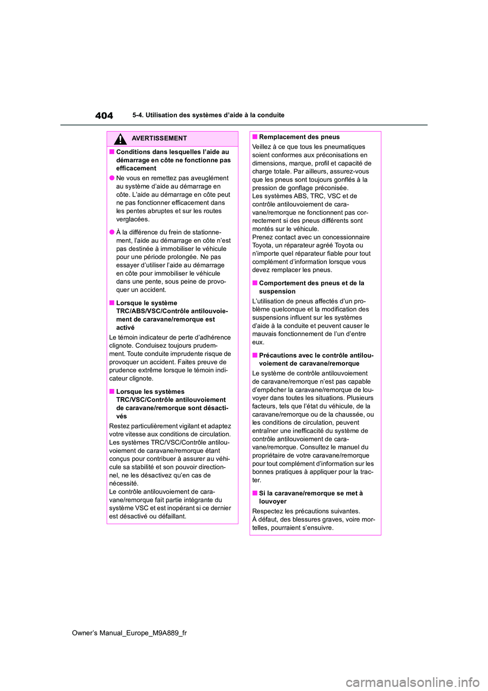 TOYOTA BZ4X 2023  Manuel du propriétaire (in French) 404
Owner’s Manual_Europe_M9A889_fr
5-4. Utilisation des systèmes d’aide à la conduite
AVERTISSEMENT
■Conditions dans lesquelles l’aide au  
démarrage en côte ne fonctionne pas  efficaceme