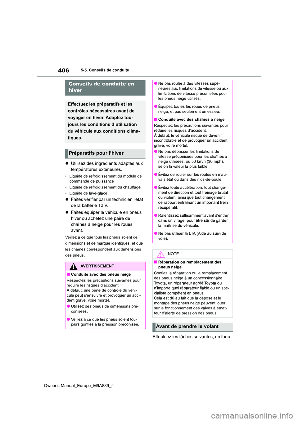 TOYOTA BZ4X 2023  Manuel du propriétaire (in French) 406
Owner’s Manual_Europe_M9A889_fr
5-5. Conseils de conduite
5-5.Conse ils de con duite
Utilisez des ingrédients adaptés aux  
températures extérieures.
• Liquide de refroidissement du mod