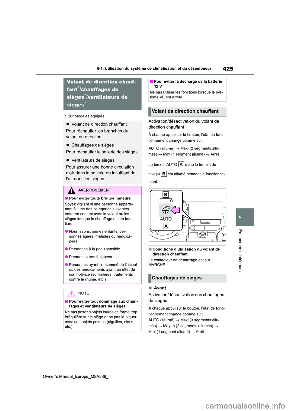 TOYOTA BZ4X 2023  Manuel du propriétaire (in French) 425
6
Owner’s Manual_Europe_M9A889_fr
6-1. Utilisation du système de climatisation et du désembueur
Équipements intérieurs
*: Sur modèles équipés
Activation/désactivation du volant de  
dire