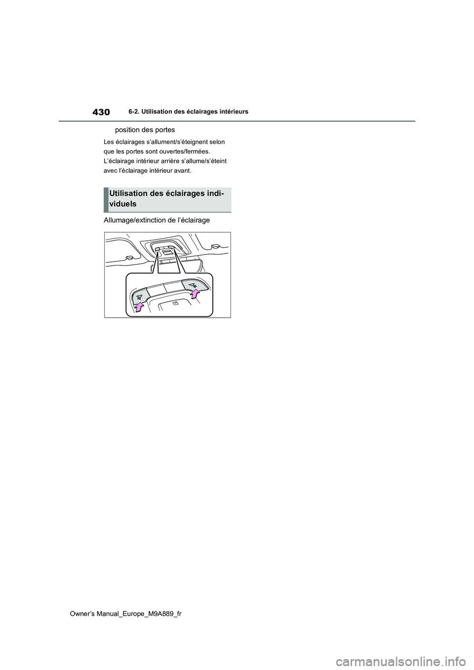 TOYOTA BZ4X 2023  Manuel du propriétaire (in French) 430
Owner’s Manual_Europe_M9A889_fr
6-2. Utilisation des éclairages intérieurs
position des portes
Les éclairages s’allument/s’éteignent selon  
que les portes sont ouvertes/fermées.
L’é