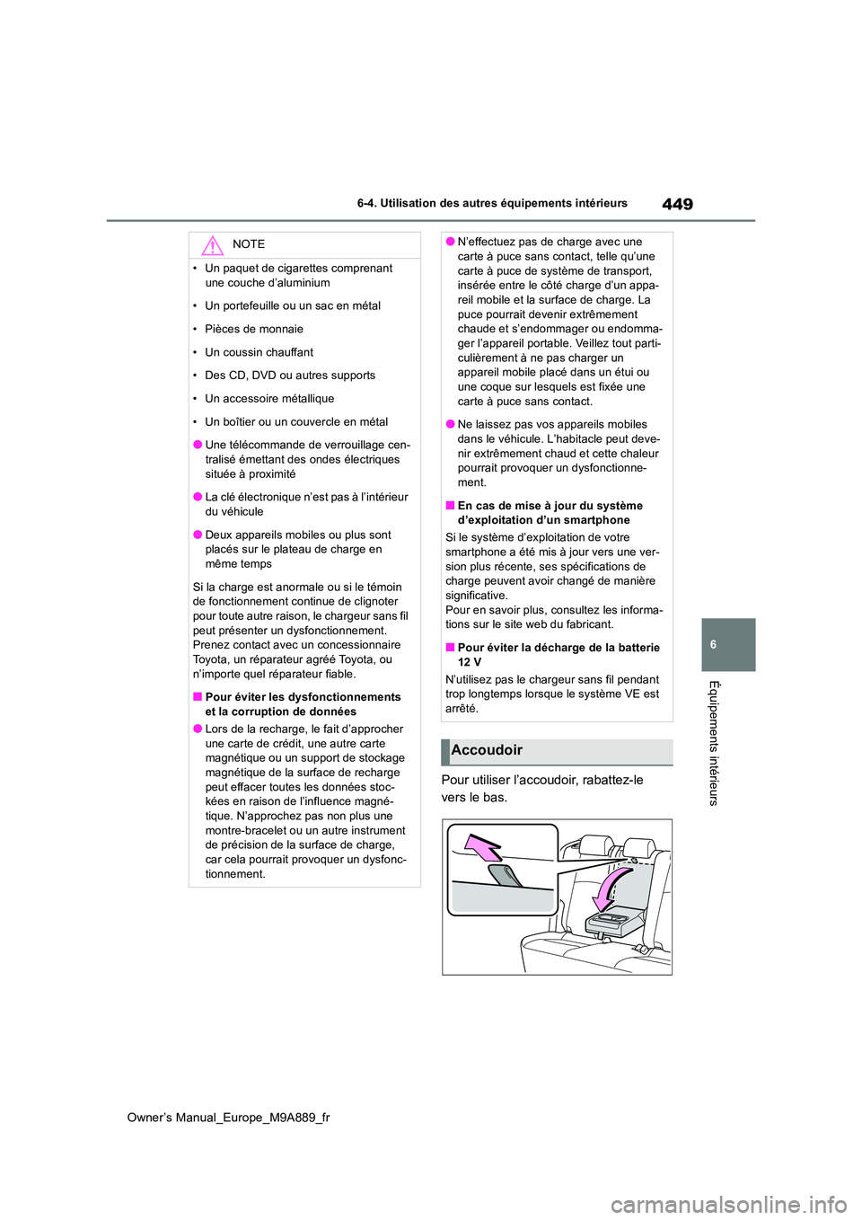 TOYOTA BZ4X 2023  Manuel du propriétaire (in French) 449
6
Owner’s Manual_Europe_M9A889_fr
6-4. Utilisation des autres équipements intérieurs
Équipements intérieurs
Pour utiliser l’accoudoir, rabattez-le  
vers le bas.
NOTE
• Un paquet de ciga