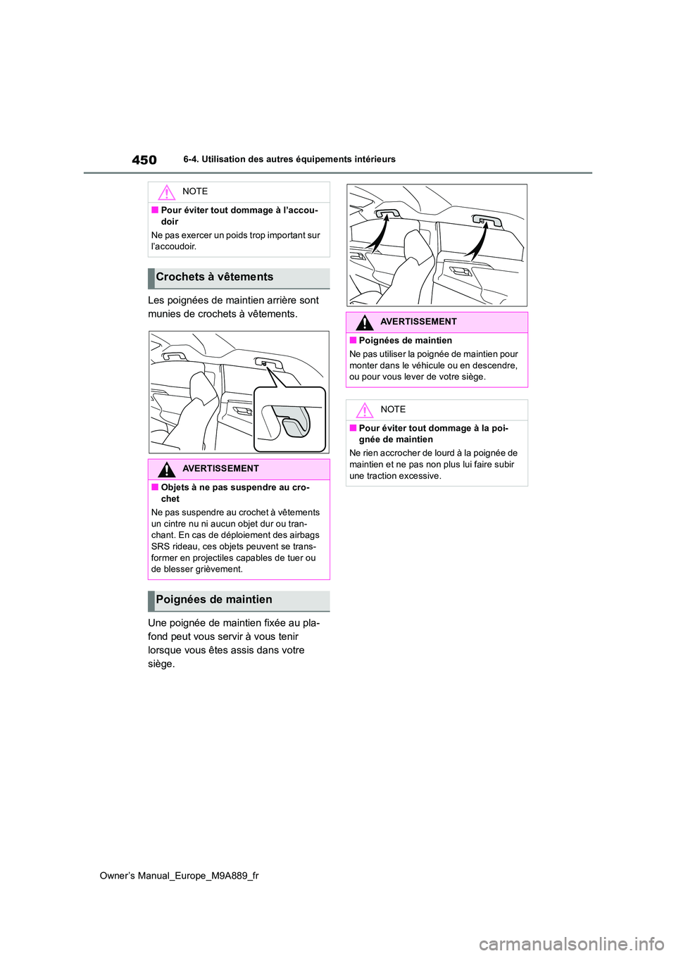 TOYOTA BZ4X 2023  Manuel du propriétaire (in French) 450
Owner’s Manual_Europe_M9A889_fr
6-4. Utilisation des autres équipements intérieurs
Les poignées de maintien arrière sont  
munies de crochets à vêtements. 
Une poignée de maintien fixée 