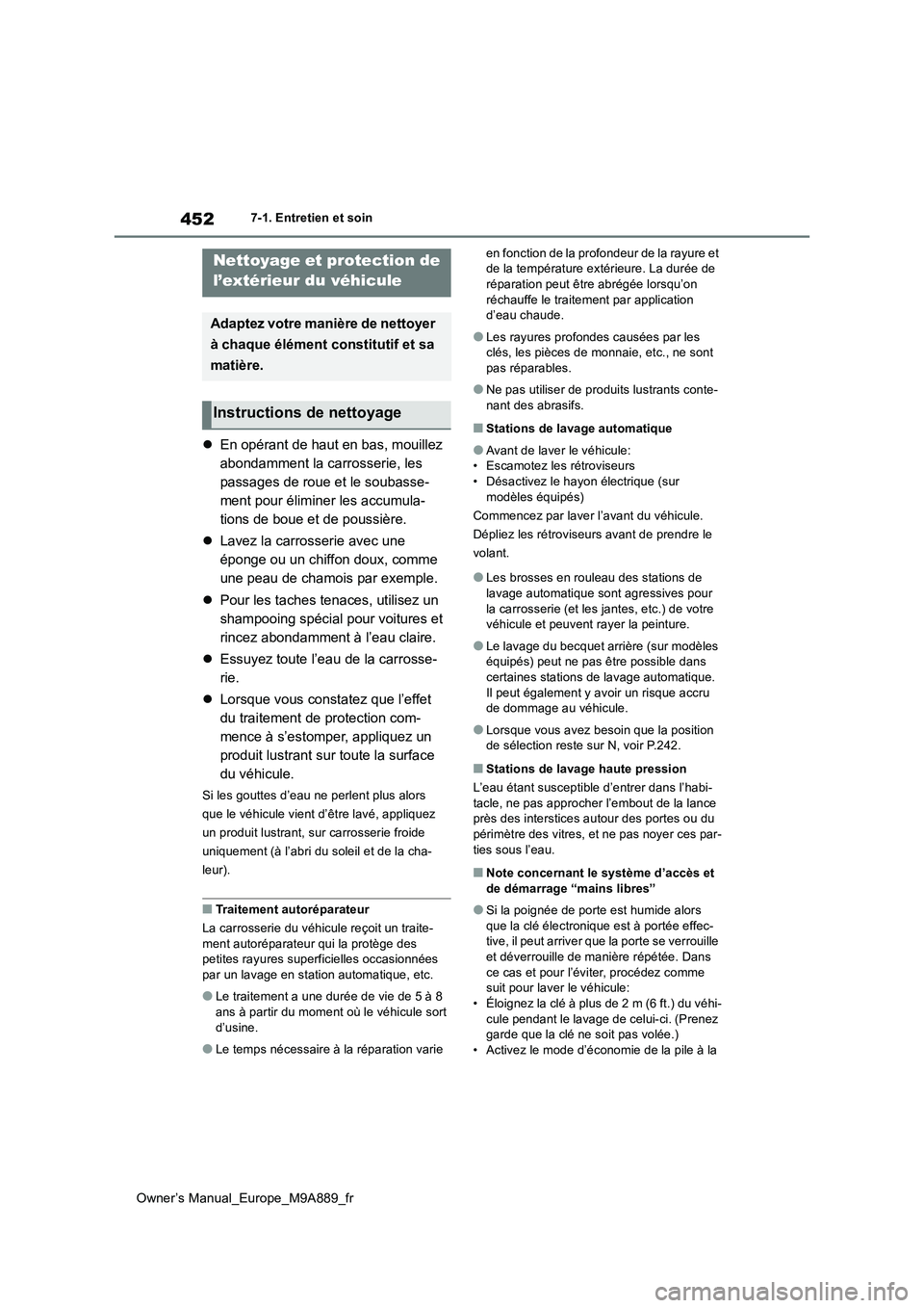 TOYOTA BZ4X 2023  Manuel du propriétaire (in French) 452
Owner’s Manual_Europe_M9A889_fr
7-1. Entretien et soin
7-1.Entretien et so in
En opérant de haut en bas, mouillez  
abondamment la carrosserie, les 
passages de roue et le soubasse-
ment pou
