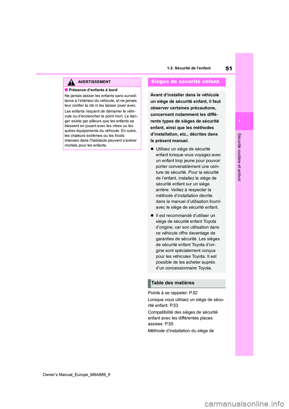 TOYOTA BZ4X 2023 Manuel du propriétaire (in French) 51
1
Owner’s Manual_Europe_M9A889_fr
1-2. Sécurité de l’enfant
Sécurité routière et antivol
Points à se rappeler: P.52
Lorsque vous utilisez un siège de sécu-
rité enfant: P.53
Compati TOYOTA BZ4X 2023 Manuel du propriétaire (in French) 51
1
Owner’s Manual_Europe_M9A889_fr
1-2. Sécurité de l’enfant
Sécurité routière et antivol
Points à se rappeler: P.52
Lorsque vous utilisez un siège de sécu-
rité enfant: P.53
Compati