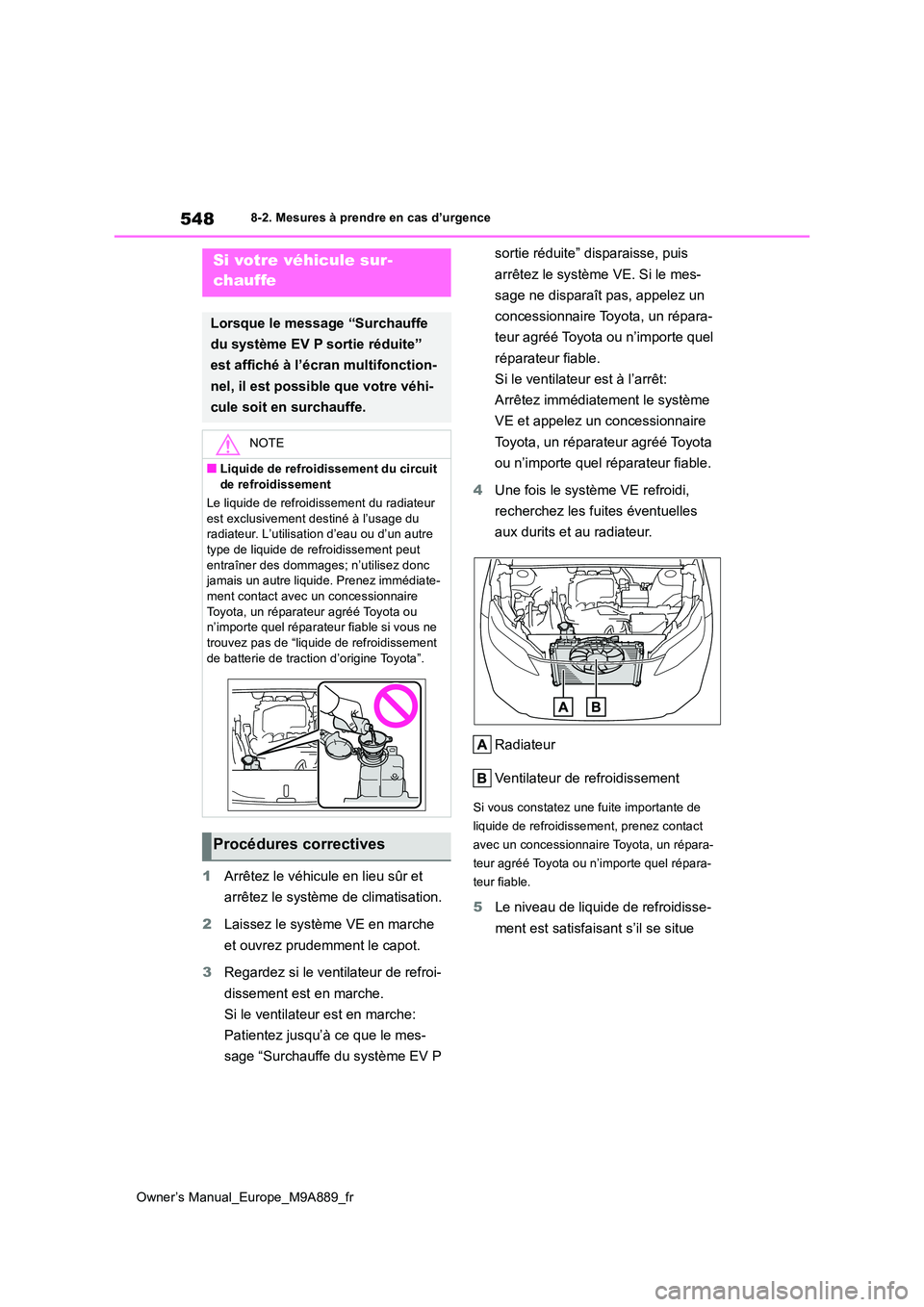 TOYOTA BZ4X 2023  Manuel du propriétaire (in French) 548
Owner’s Manual_Europe_M9A889_fr
8-2. Mesures à prendre en cas d’urgence
1Arrêtez le véhicule en lieu sûr et  
arrêtez le système de climatisation. 
2 Laissez le système VE en marche  
e
