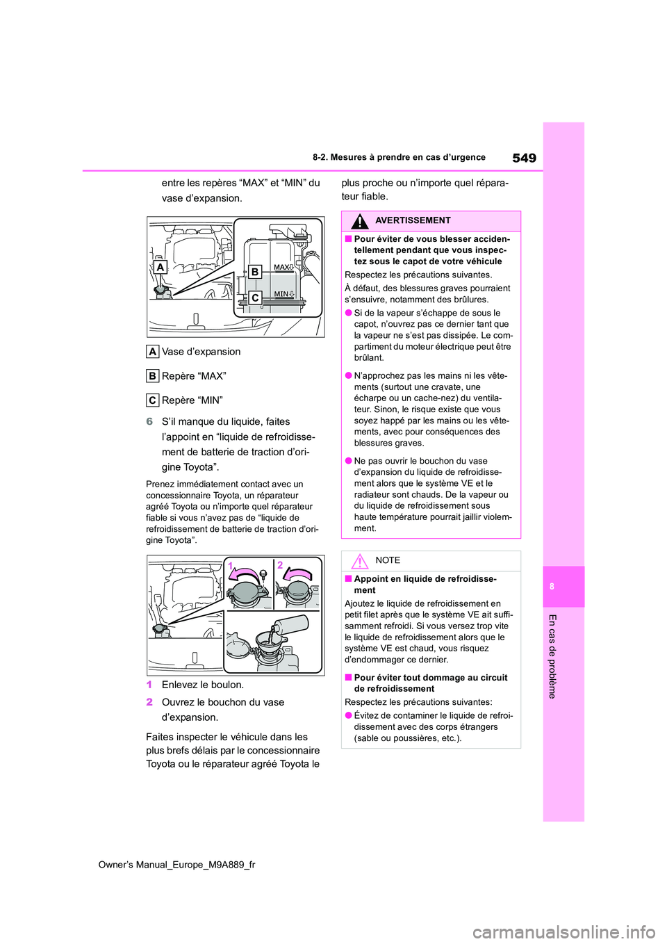 TOYOTA BZ4X 2023  Manuel du propriétaire (in French) 549
8
Owner’s Manual_Europe_M9A889_fr
8-2. Mesures à prendre en cas d’urgence
En cas de problème
entre les repères “MAX” et “MIN” du  
vase d’expansion. 
Vase d’expansion 
Repère 